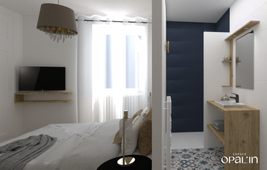 Optimisation d'espace par une architecte d'intérieur à Angers : création d'un coin salle de bain dans une chambre.