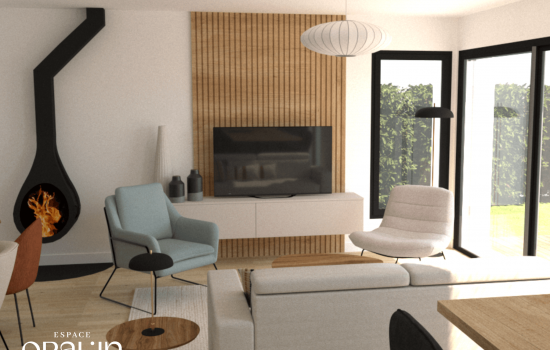 Aménagement d'un salon séjour chaleureux avec cheminée et décoration moderne à Angers.