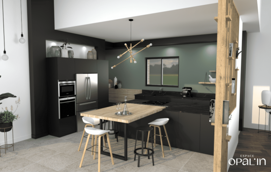 Rénovation de cuisine moderne avec claustra bois, expertise Espace Opal'in Angers.