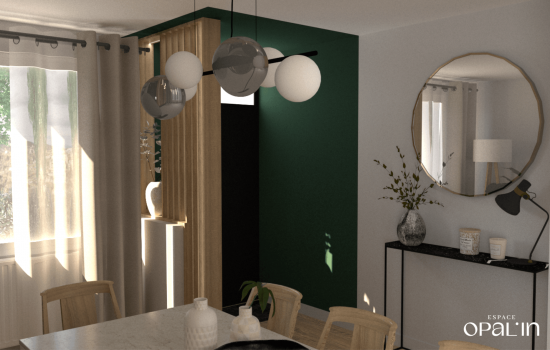 Agencement d'une entrée avec meuble et claustra sur mesure, murs vert, et éclairage design à Angers.