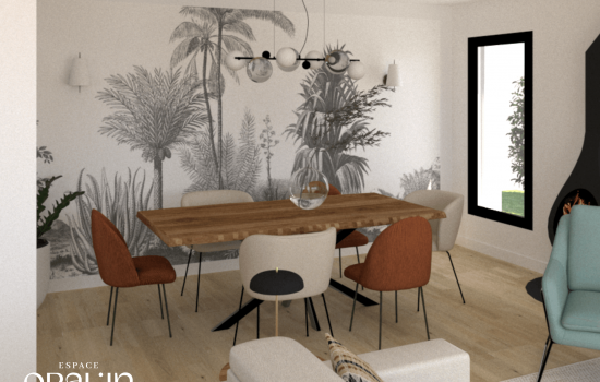 Décoration salle à manger à Trélazé avec papier peint panoramique noir et blanc et chaises design.
