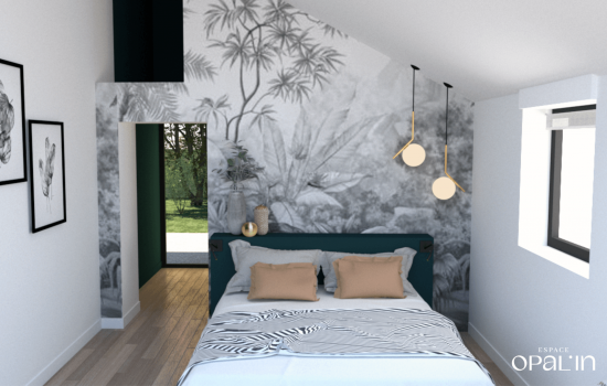 Décoration d'une chambre à Angers avec papier peint panoramique noir et blanc, parquet au sol, suspension en tête de lit.