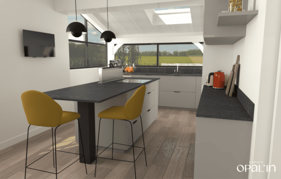Cuisine contemporaine blanche et bois, expertise Espace Opal'in Angers.