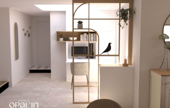 Architecte d'intérieur : entrée contemporaine avec claustra bois et meuble sur mesure à Loire Authion.
