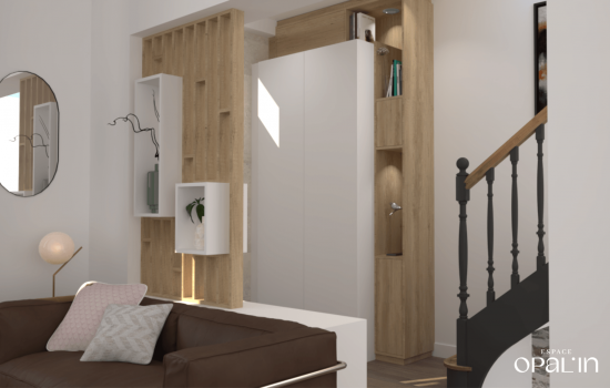 Optimisation d'une entrée avec grand placard dressing, rangement chaussures, claustra et niche sur mesure à Trélazé.