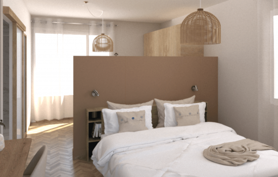 Rénovation d'une chambre parentale incluant une tête de lit de séparation avec le dressing, ambiance chaleureuse et naturelle à Angers