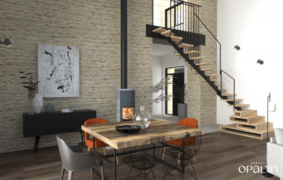 Rénovation d'un séjour avec escalier bois et métal dans une maison en pierre à Angers