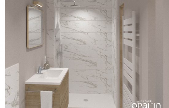 Aménagement d'une salle d'eau design avec douche à l'italienne effet marbre et meuble vasque en bois à Angers, par Espace Opal'in